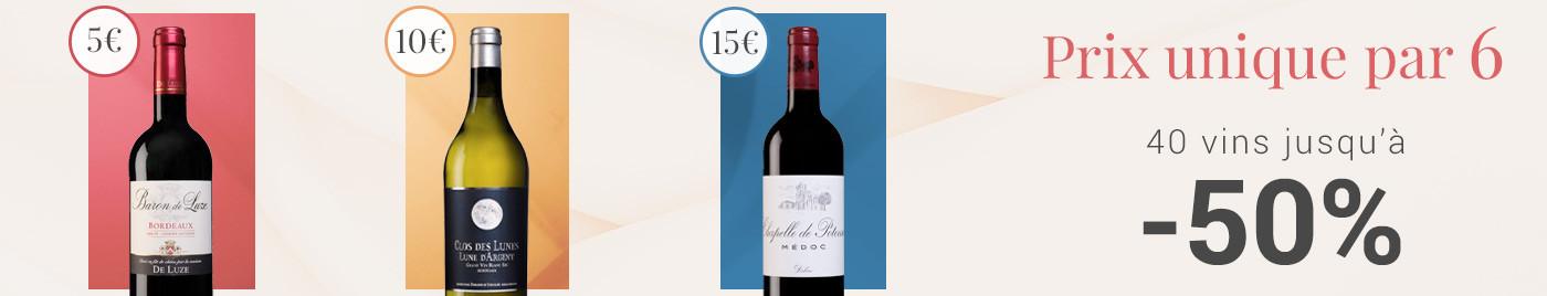 Vins à prix uniques par 6 bouteilles à 5€ - 10€ - 15€